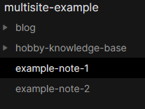 Screenshot of an Obsidian vault, showing the file list. There are two files, example-note-1 and example-note-2. There are also two directories, named blog and hobby-knowledge-base